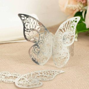 Napkin Rings |  12 Pack Metallic Silver Foil Laser Cut Butterfly Paper Napkin Rings, Chair Sash Bows, Serviette Holders