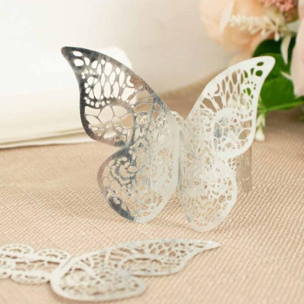 Napkin Rings |  12 Pack Metallic Silver Foil Laser Cut Butterfly Paper Napkin Rings, Chair Sash Bows, Serviette Holders