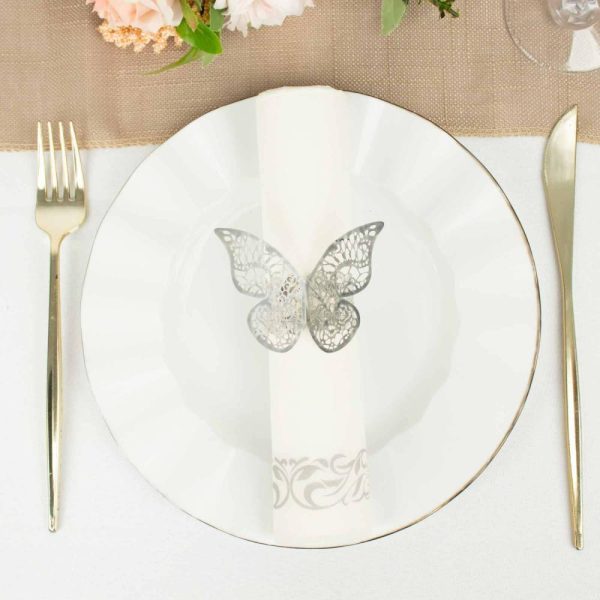 Napkin Rings |  12 Pack Metallic Silver Foil Laser Cut Butterfly Paper Napkin Rings, Chair Sash Bows, Serviette Holders