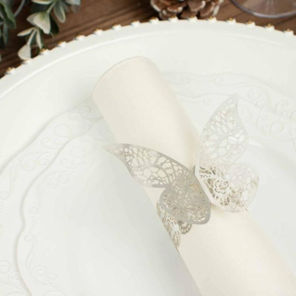 Napkin Rings |  12 Pack Metallic Silver Foil Laser Cut Butterfly Paper Napkin Rings, Chair Sash Bows, Serviette Holders