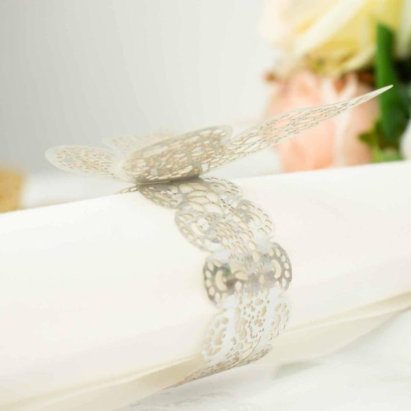 Napkin Rings |  12 Pack Metallic Silver Foil Laser Cut Butterfly Paper Napkin Rings, Chair Sash Bows, Serviette Holders