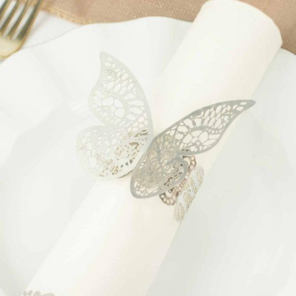 Napkin Rings |  12 Pack Metallic Silver Foil Laser Cut Butterfly Paper Napkin Rings, Chair Sash Bows, Serviette Holders