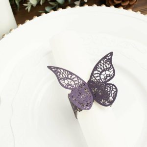 Napkin Rings |  12 Pack Purple Shimmery Laser Cut Butterfly Paper Chair Sash Bows, Napkin Rings, Serviette Holders