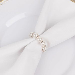 Napkin Rings |  4 Pack 1.5″ White Pearl Beads and Silver Rhinestone Napkin Rings, Elegant Round Serviette Buckle Napkin Holders