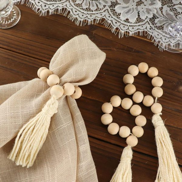 Napkin Rings |  4 Pack 6″ Cream Rustic Boho Chic Wood Bead Napkin Rings With Tassels, Farmhouse Country Napkin Holders