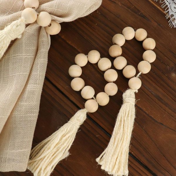 Napkin Rings |  4 Pack 6″ Cream Rustic Boho Chic Wood Bead Napkin Rings With Tassels, Farmhouse Country Napkin Holders