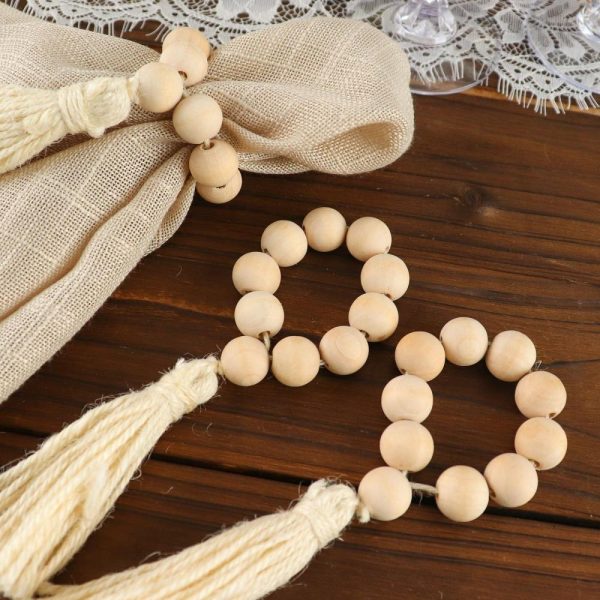 Napkin Rings |  4 Pack 6″ Cream Rustic Boho Chic Wood Bead Napkin Rings With Tassels, Farmhouse Country Napkin Holders