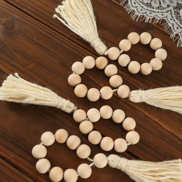 Napkin Rings |  4 Pack 6″ Cream Rustic Boho Chic Wood Bead Napkin Rings With Tassels, Farmhouse Country Napkin Holders