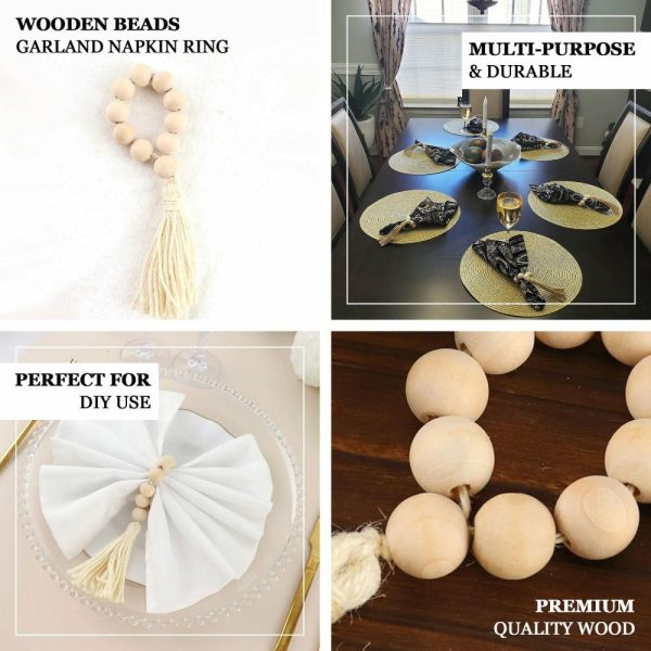 Napkin Rings |  4 Pack 6″ Cream Rustic Boho Chic Wood Bead Napkin Rings With Tassels, Farmhouse Country Napkin Holders