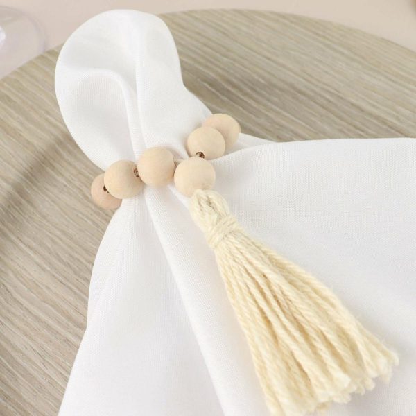 Napkin Rings |  4 Pack 6″ Cream Rustic Boho Chic Wood Bead Napkin Rings With Tassels, Farmhouse Country Napkin Holders