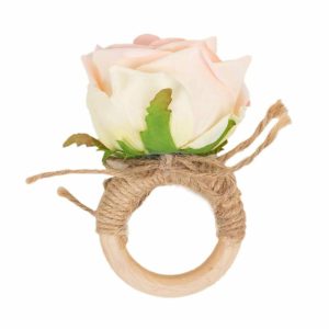 Napkin Rings |  4 Pack Blush Artificial Rose Flower Wooden Napkin Holders, Farmhouse Country Floral Napkin Rings – 4″