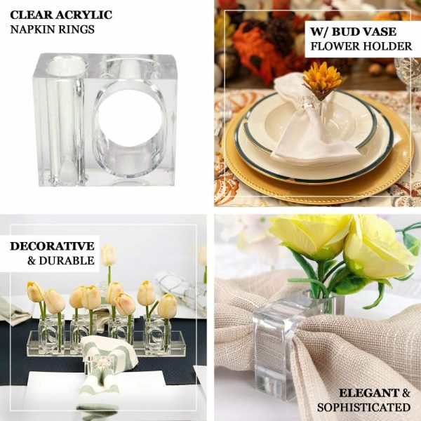 Napkin Rings |  4 Pack Clear Acrylic Square Napkin Ring Bud Vases, 2-in-1 Flower Napkin Holders