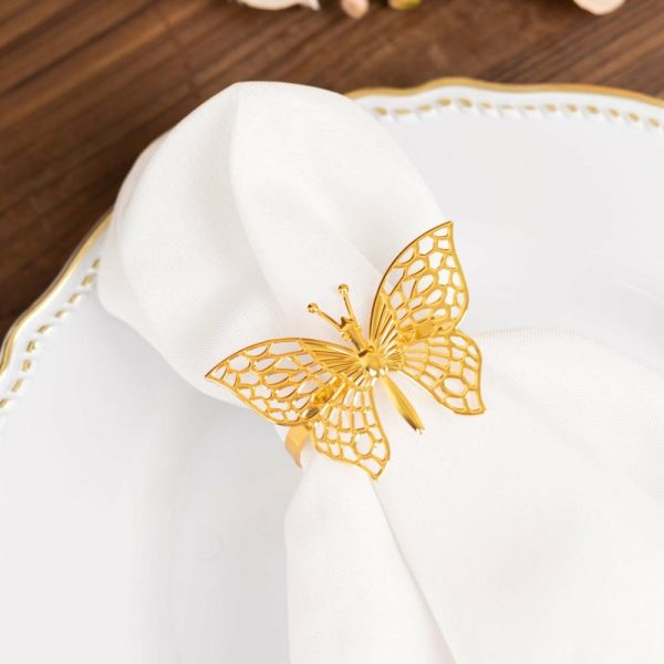 Napkin Rings |  4 Pack Gold Metal Butterfly Napkin Rings, Decorative Laser Cut Cloth Napkin Holders