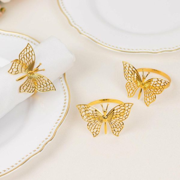 Napkin Rings |  4 Pack Gold Metal Butterfly Napkin Rings, Decorative Laser Cut Cloth Napkin Holders