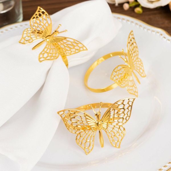 Napkin Rings |  4 Pack Gold Metal Butterfly Napkin Rings, Decorative Laser Cut Cloth Napkin Holders