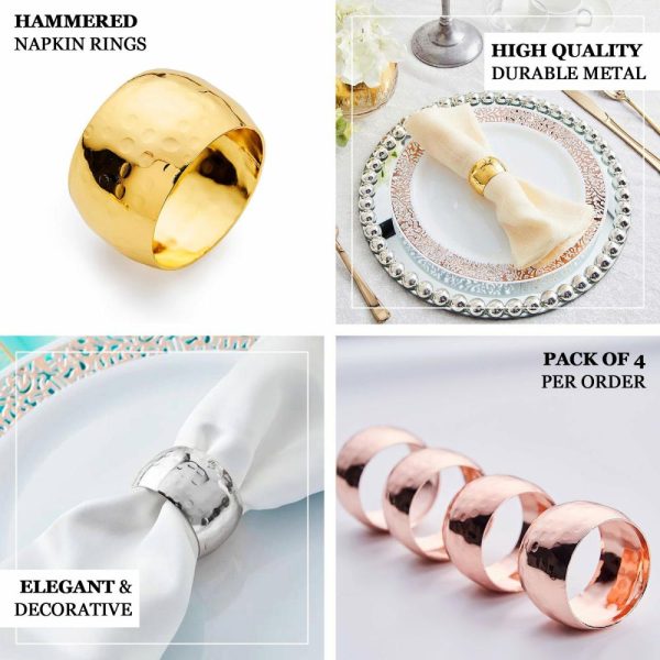 Napkin Rings |  4 Pack Metallic Gold Hammered Pattern Metal Napkin Rings