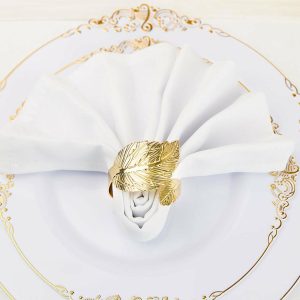 Napkin Rings |  4 Pack Metallic Gold Ornate Leaf Napkin Rings, Linen Napkin Holders