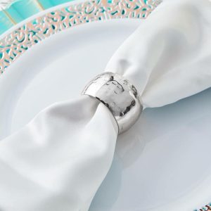 Napkin Rings |  4 Pack Metallic Silver Hammered Pattern Metal Napkin Rings