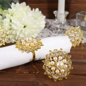 Napkin Rings |  4 Pack Pearl And Diamond Rhinestone Flower Gold Metal Napkin Rings, Decorative Napkin Buckle Holders