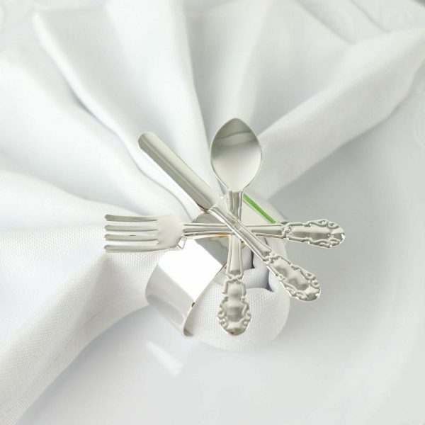 Napkin Rings |  4 Pack Silver Metal Fork Knife Spoon Design Napkin Rings – Utensil Themed Napkin Holders