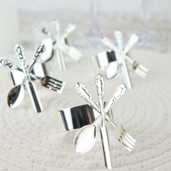 Napkin Rings |  4 Pack Silver Metal Fork Knife Spoon Design Napkin Rings – Utensil Themed Napkin Holders