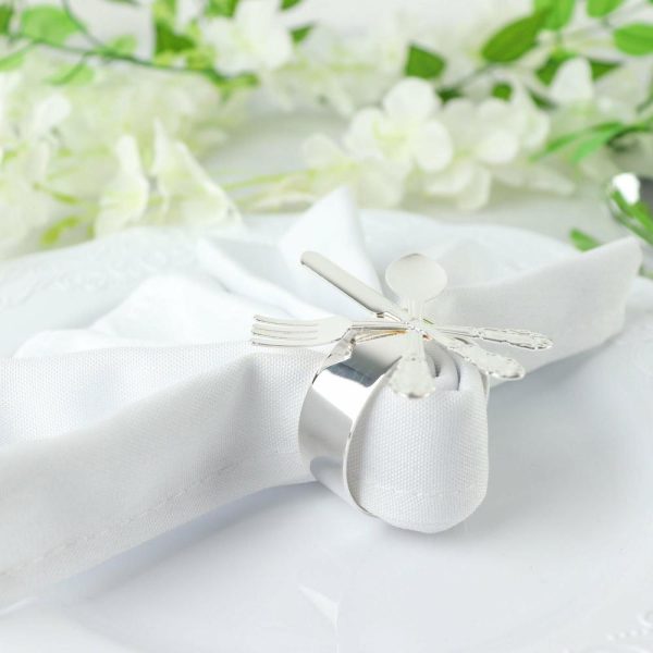 Napkin Rings |  4 Pack Silver Metal Fork Knife Spoon Design Napkin Rings – Utensil Themed Napkin Holders