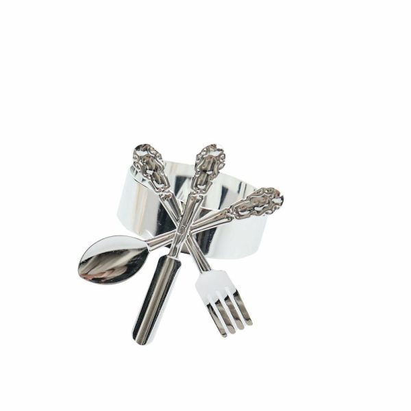 Napkin Rings |  4 Pack Silver Metal Fork Knife Spoon Design Napkin Rings – Utensil Themed Napkin Holders