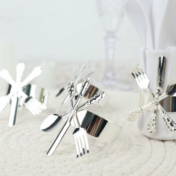 Napkin Rings |  4 Pack Silver Metal Fork Knife Spoon Design Napkin Rings – Utensil Themed Napkin Holders