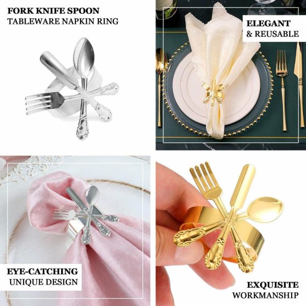 Napkin Rings |  4 Pack Silver Metal Fork Knife Spoon Design Napkin Rings – Utensil Themed Napkin Holders