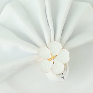 Napkin Rings |  4 Pack White and Gold Metal Flower Napkin Rings, Floral Serviette Buckle Napkin Holder Set – Plum Blossom Design