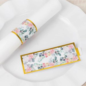 Napkin Rings |  50 Pack Pink Peony Floral Paper Napkin Holder Bands with Gold Edge, Disposable Napkin Rings – 1.5″