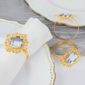 Napkin Rings |  6 Pack 2″ Gold Metal Clear Crystal Rhinestone Napkin Rings, Diamond Bling Napkin Holders