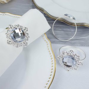 Napkin Rings |  6 Pack 2″ Silver Metal Clear Crystal Rhinestone Napkin Rings, Diamond Bling Napkin Holders