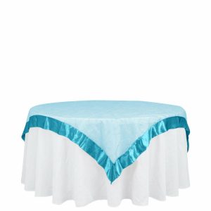 Organza |  60″x60″ Turquoise Embroidered Sheer Organza Square Table Overlay With Satin Edge