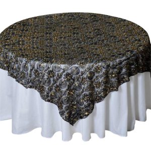 Organza |  72″x72″ Black and Gold Satin Embroidered Tulle Square Table Overlay