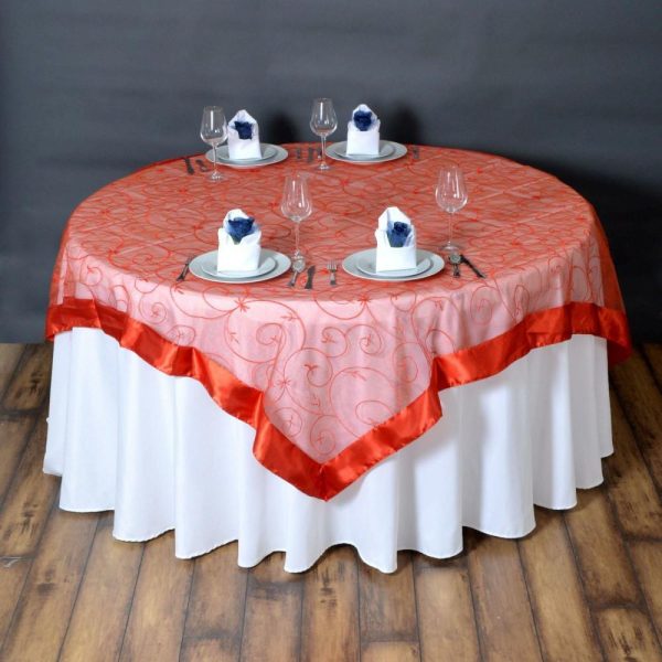 Organza |  72″x72″ Terracotta Embroidered Sheer Organza Square Table Overlay With Satin Edge