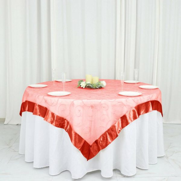 Organza |  72″x72″ Terracotta Embroidered Sheer Organza Square Table Overlay With Satin Edge