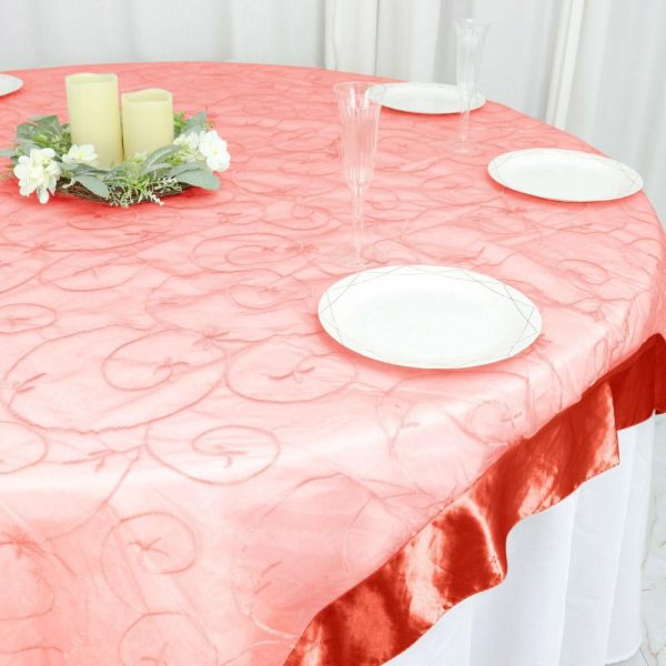 Organza |  72″x72″ Terracotta Embroidered Sheer Organza Square Table Overlay With Satin Edge