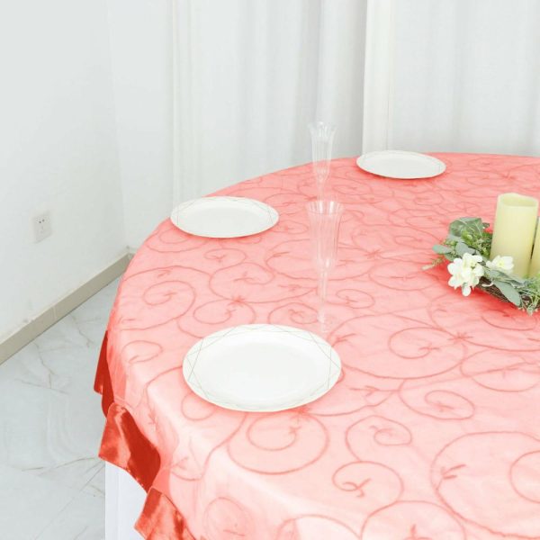 Organza |  72″x72″ Terracotta Embroidered Sheer Organza Square Table Overlay With Satin Edge