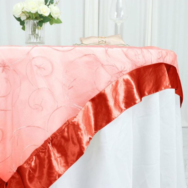 Organza |  72″x72″ Terracotta Embroidered Sheer Organza Square Table Overlay With Satin Edge