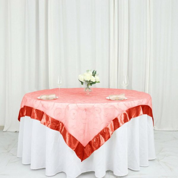 Organza |  72″x72″ Terracotta Embroidered Sheer Organza Square Table Overlay With Satin Edge