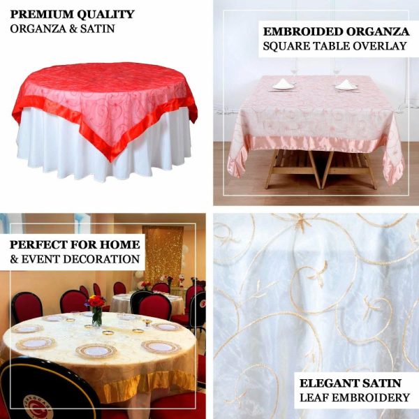 Organza |  72″x72″ Terracotta Embroidered Sheer Organza Square Table Overlay With Satin Edge