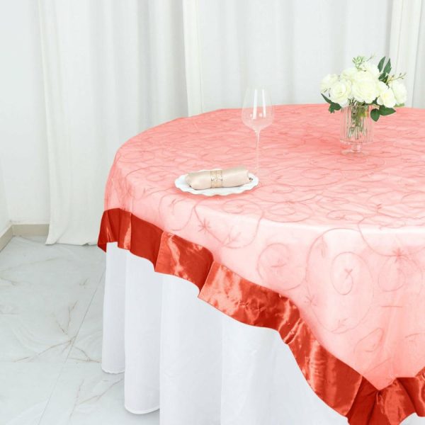 Organza |  72″x72″ Terracotta Embroidered Sheer Organza Square Table Overlay With Satin Edge