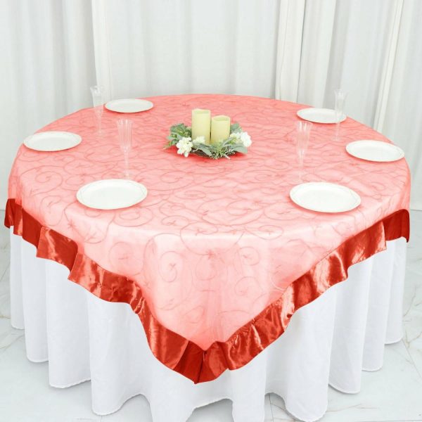 Organza |  72″x72″ Terracotta Embroidered Sheer Organza Square Table Overlay With Satin Edge