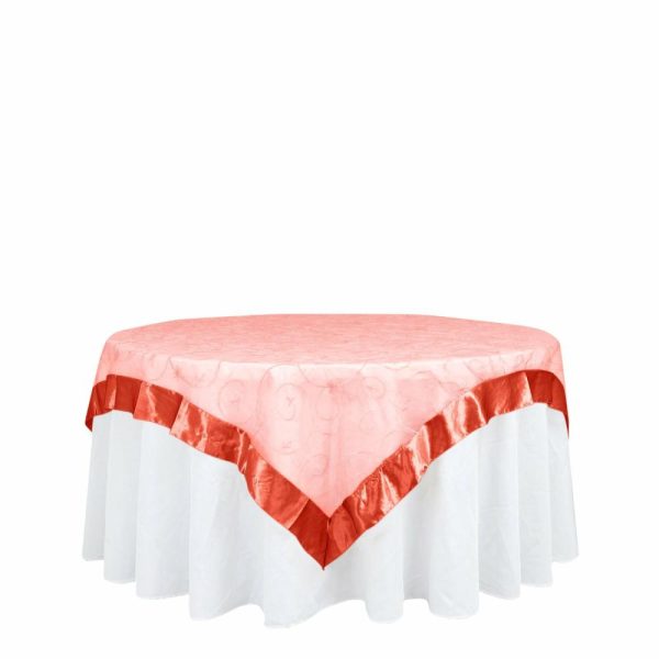 Organza |  72″x72″ Terracotta Embroidered Sheer Organza Square Table Overlay With Satin Edge