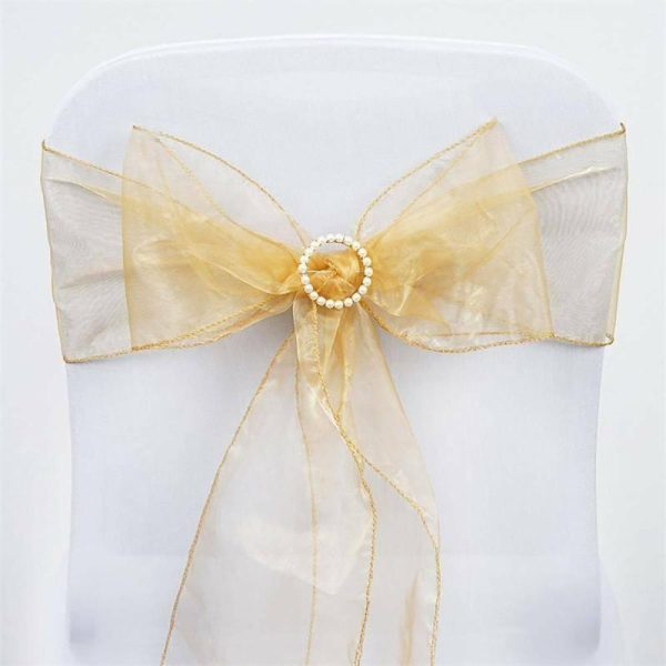 Organza & Chiffon Sashes |  5 Pack 6″x108″ Gold Sheer Organza Chair Sashes