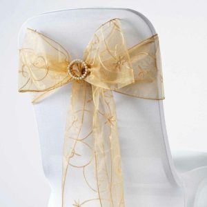 Organza & Chiffon Sashes |  5 Pack 7″x108″ Gold Embroidered Organza Chair Sashes