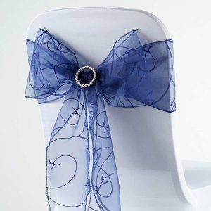 Organza & Chiffon Sashes |  5 Pack 7″x108″ Navy Blue Embroidered Organza Chair Sashes