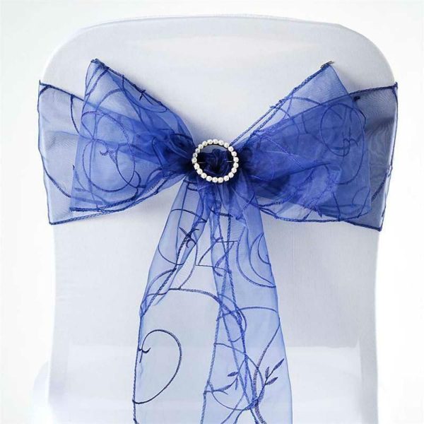 Organza & Chiffon Sashes |  5 Pack 7″x108″ Navy Blue Embroidered Organza Chair Sashes