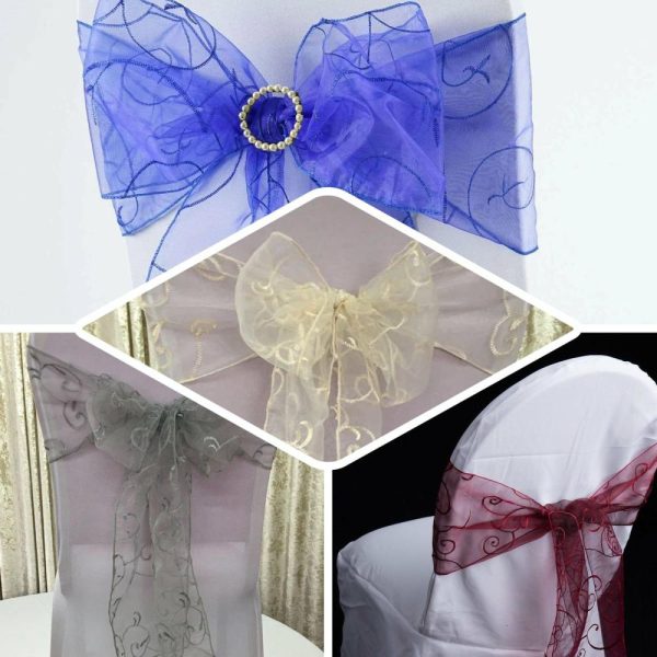 Organza & Chiffon Sashes |  5 Pack 7″x108″ Navy Blue Embroidered Organza Chair Sashes